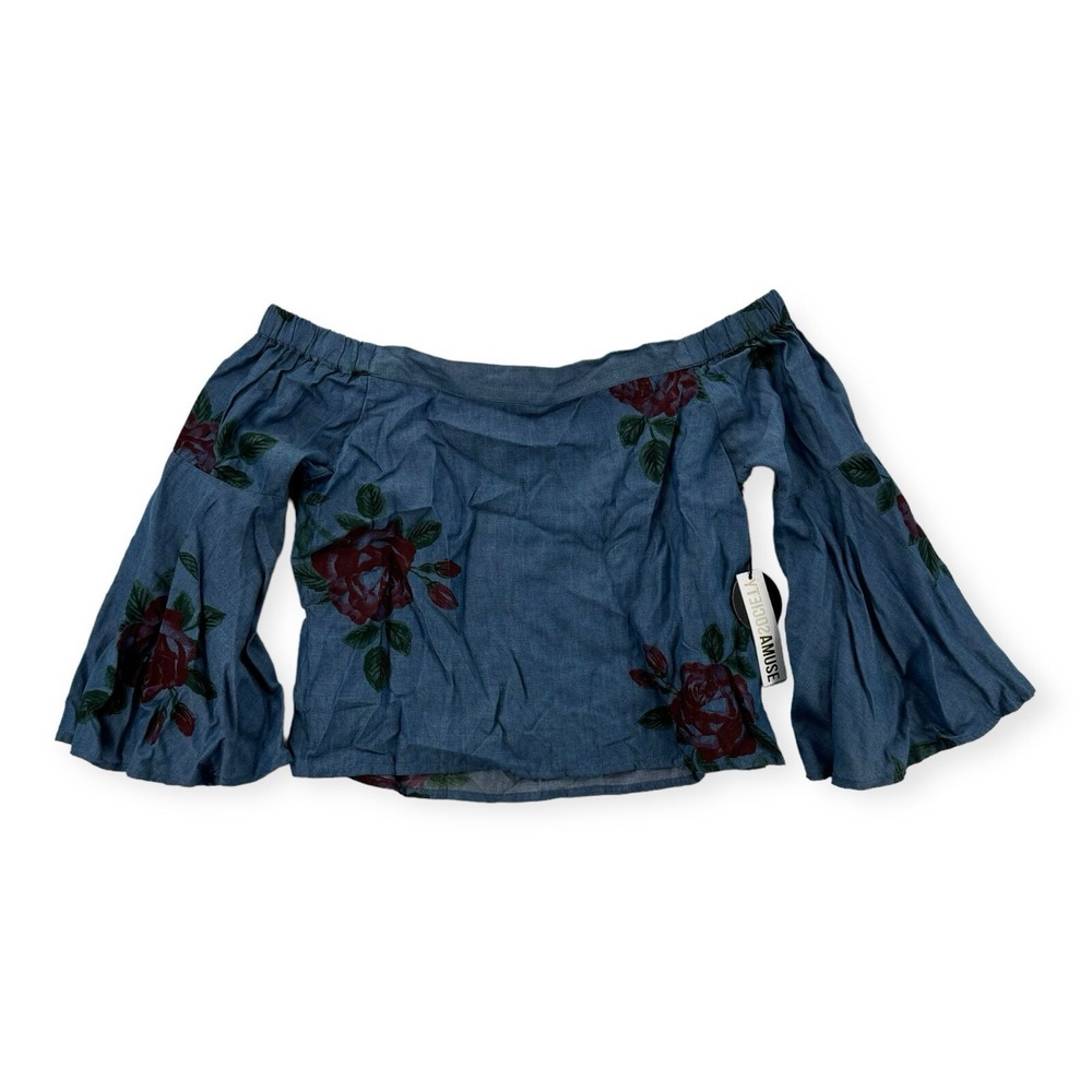 NWT Amuse Society Top Womens Small Off Shoulder Floral Chambray Bell Sleeve Crop